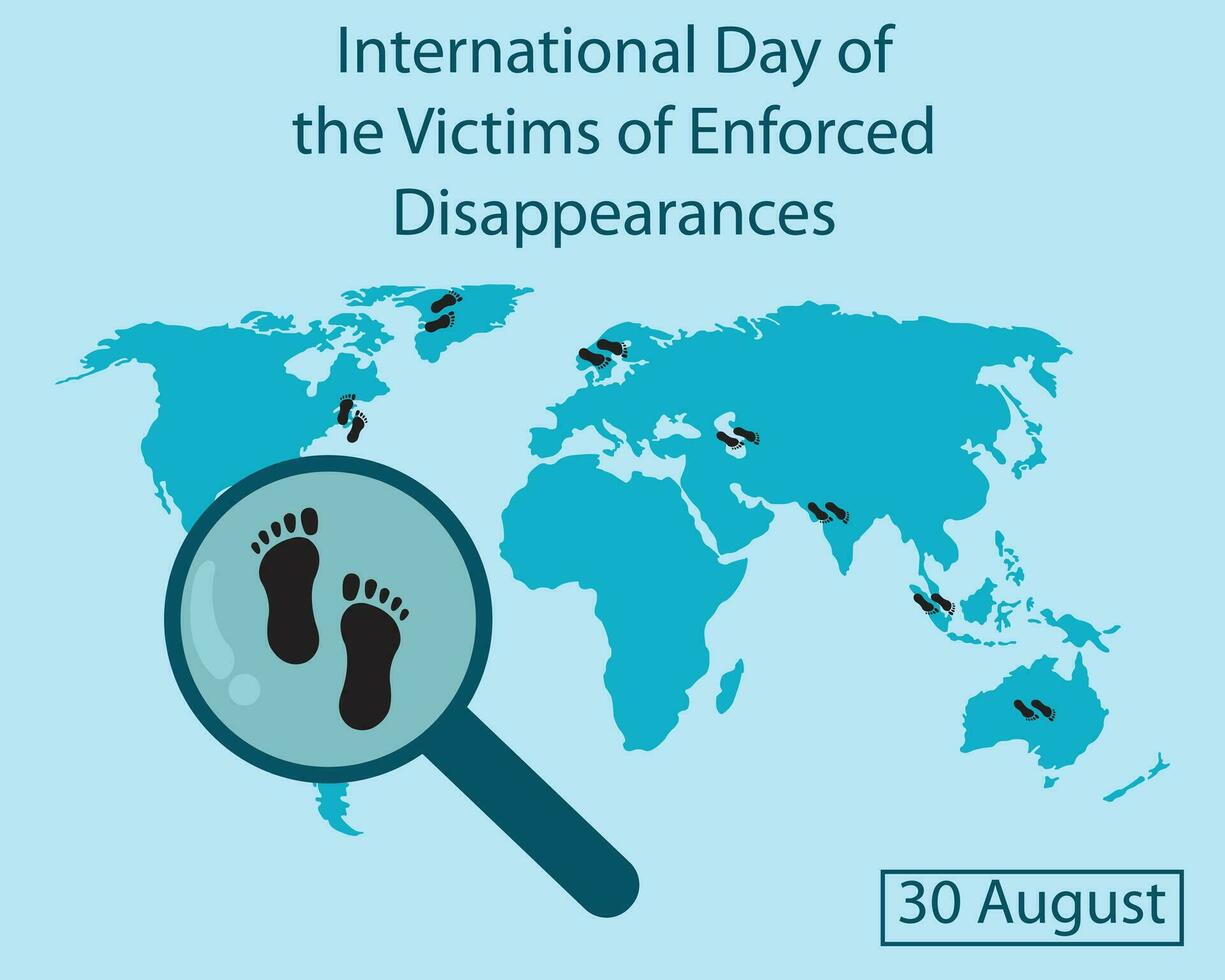 illustration vector graphic of a magnifying glass searches for footprints on a world map, perfect for international day, the victims of enforced disappearances, celebrate, greeting card, etc.