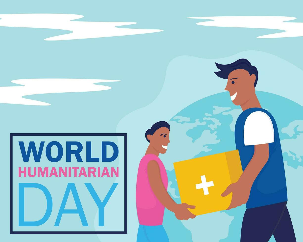 illustration vector graphic of a man gives a donation box to a boy, perfect for international day, world humanitarian day, celebrate, greeting card, etc.