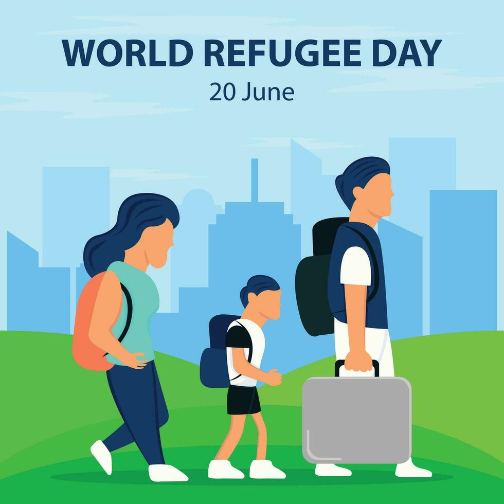 illustration vector graphic of a husband and wife and their son walked out of town, perfect for international day, world refugee day, celebrate, greeting card, etc.