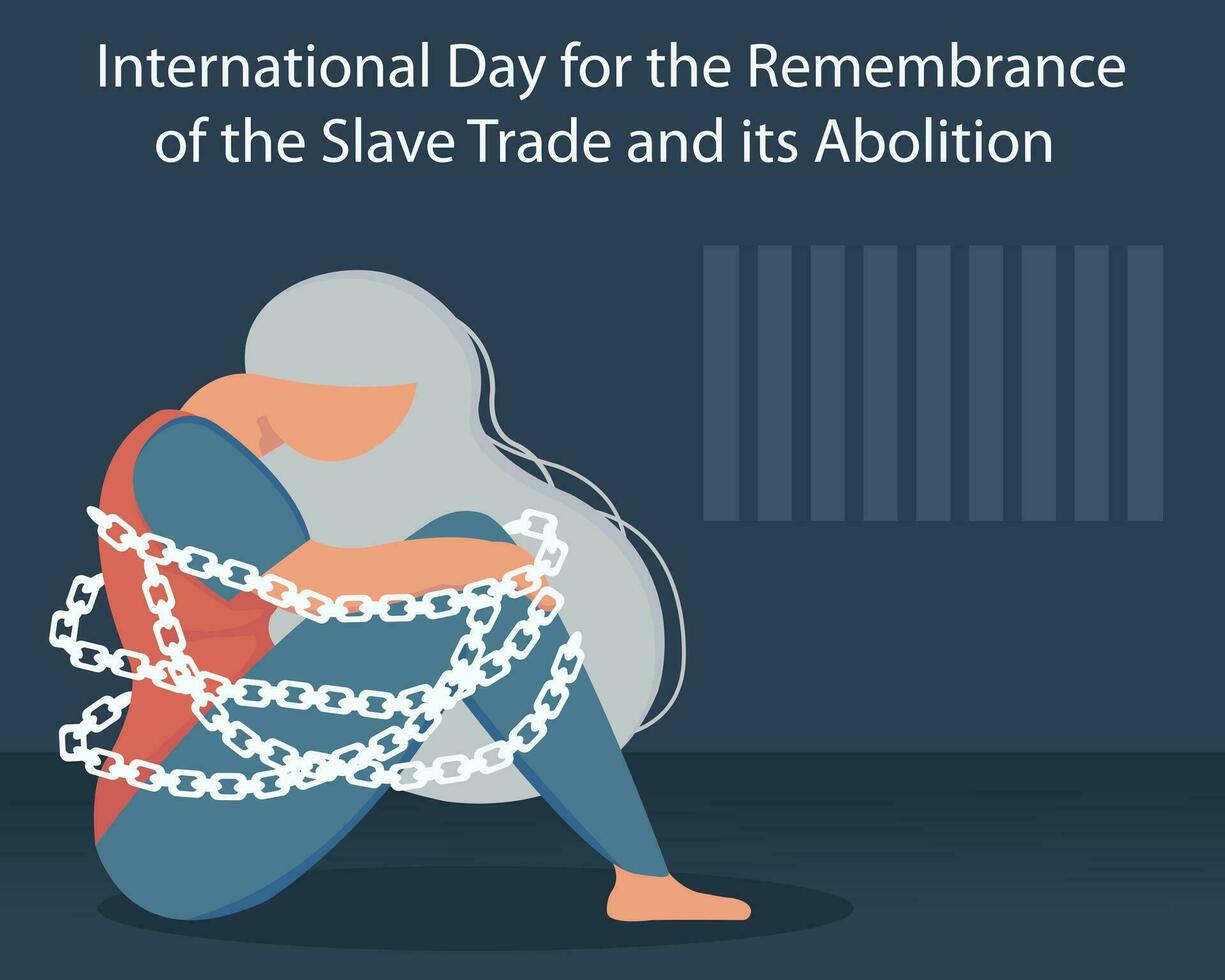 illustration vector graphic of a woman shackled by prison chains, perfect for international day, remembrance, slave trade and ist abolition, celebrate, greeting card, etc.