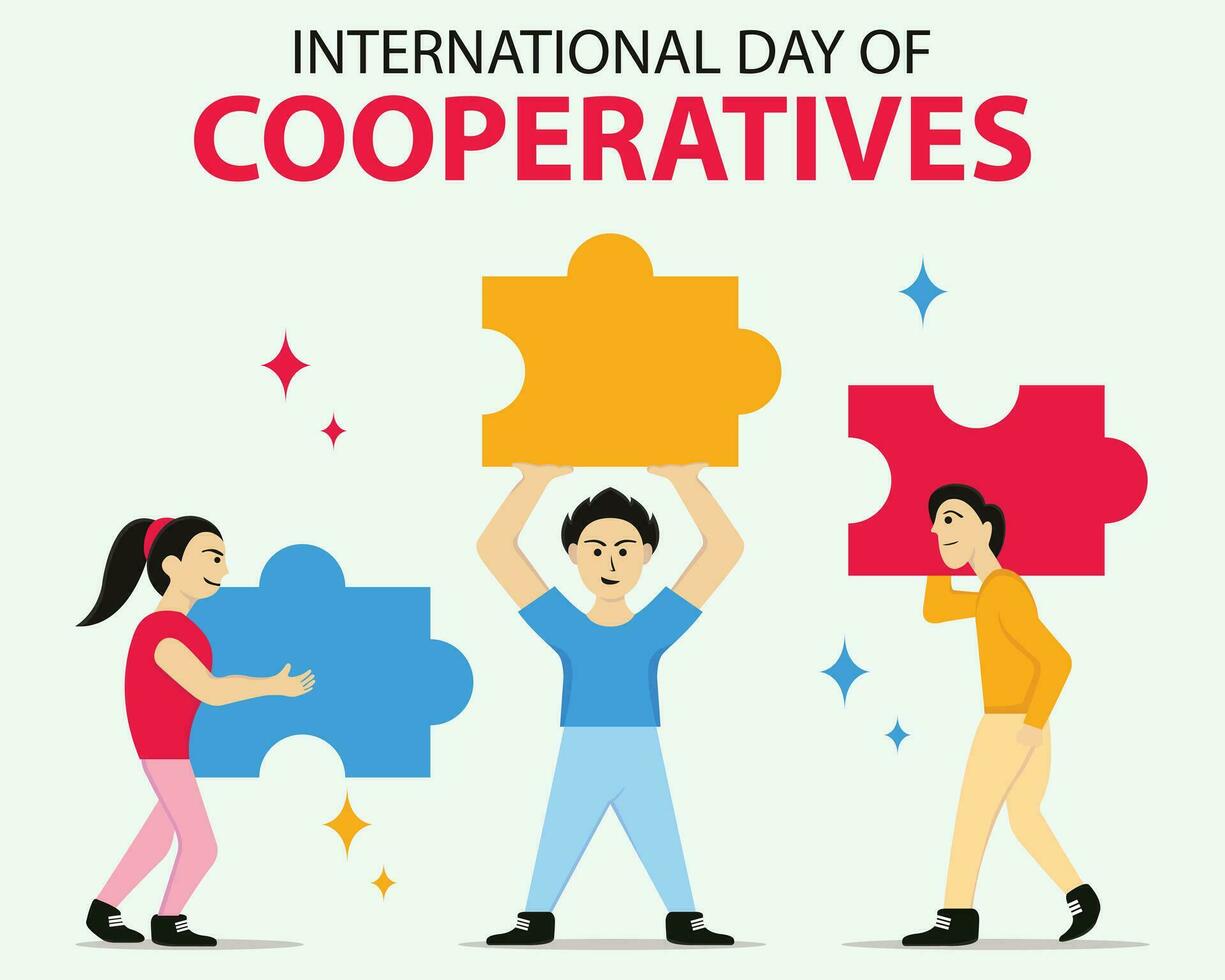 illustration vector graphic of three people carrying different puzzle pieces, perfect for international day, international day of cooperatives, celebrate, greeting card, etc.