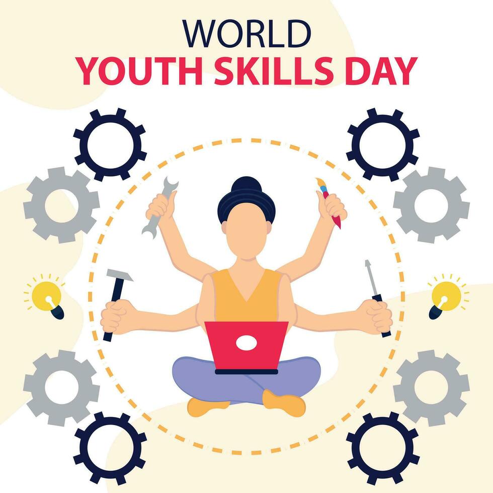 illustration vector graphic of a woman using a laptop, showing four hands holding different tools, perfect for international day, world youth skills day, celebrate, greeting card, etc.