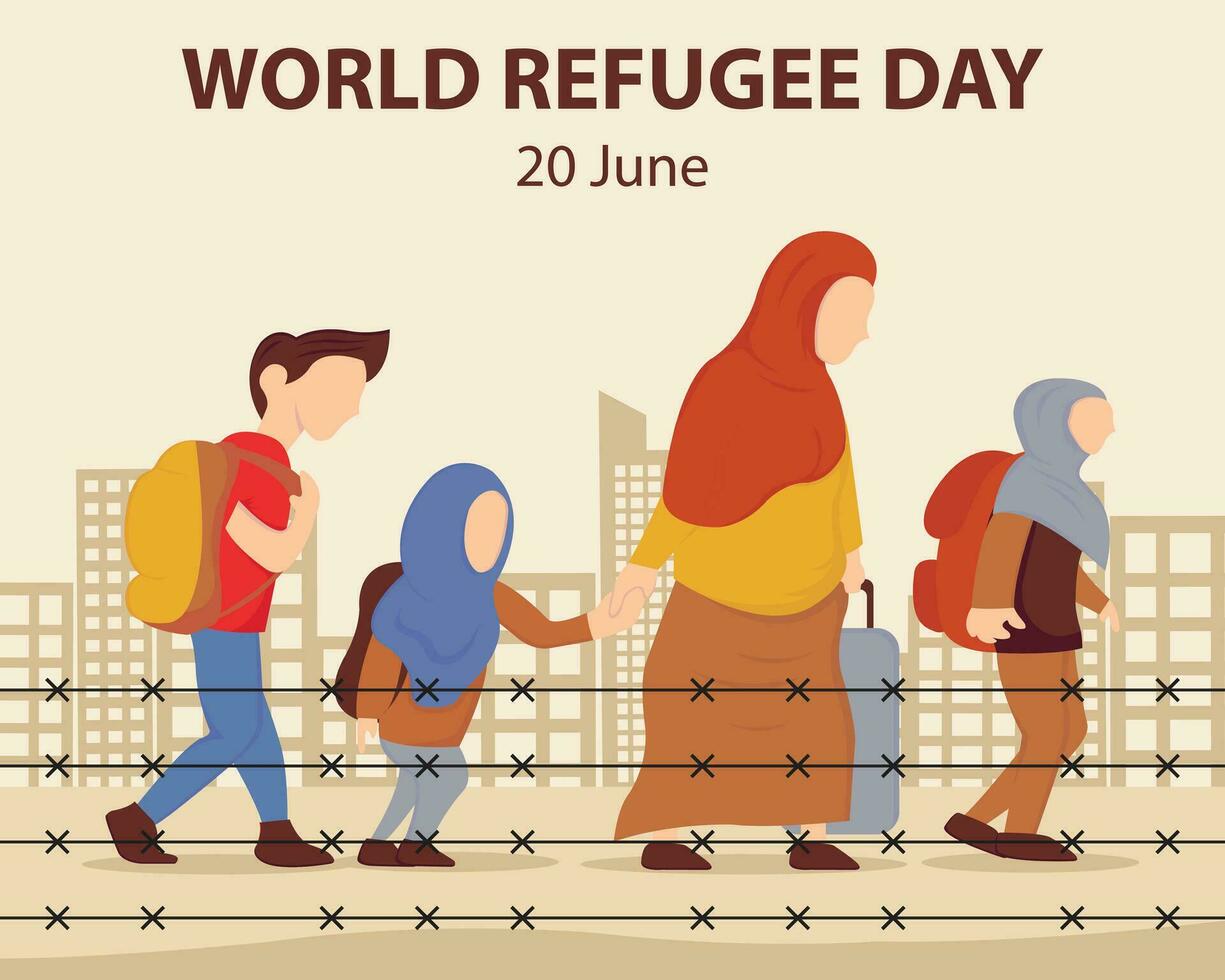 illustration vector graphic of one family fled the city, showing silhouette of city, perfect for international day, world refugee day, celebrate, greeting card, etc.