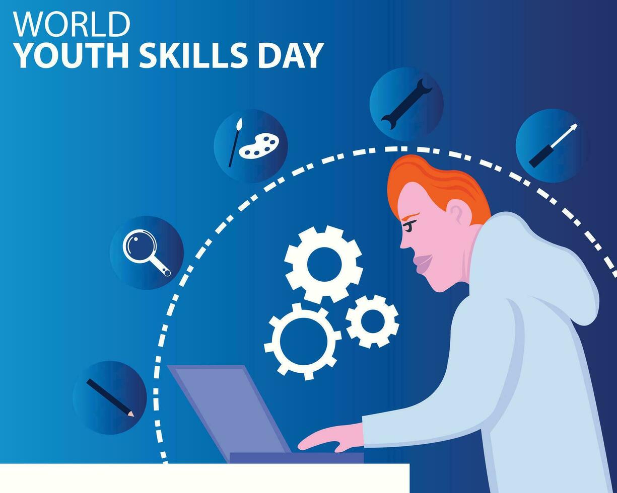 illustration vector graphic of a man using a laptop, showing several icons of different tools, perfect for international day, world youth skills day, celebrate, greeting card, etc.