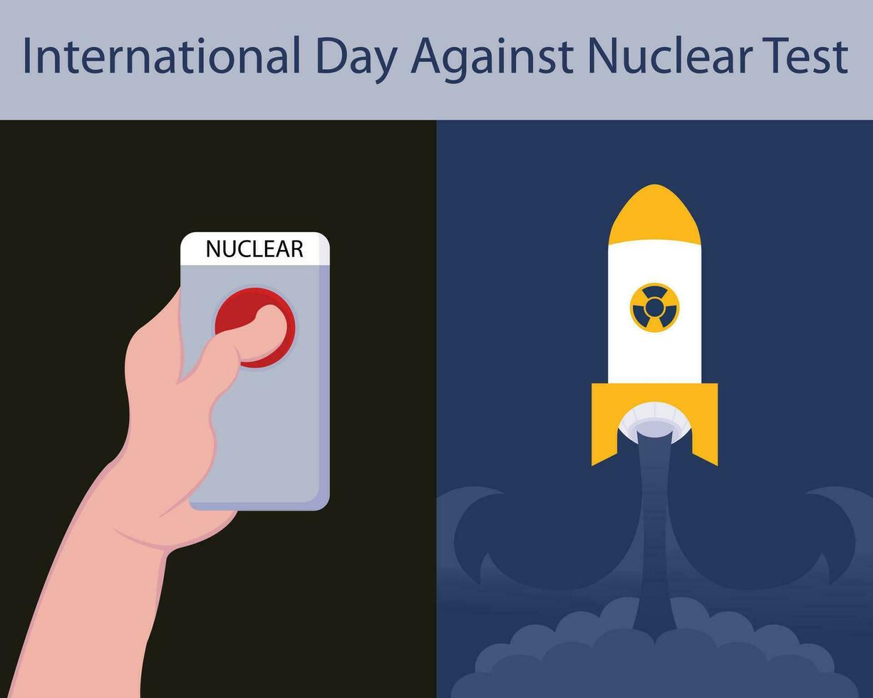 illustration vector graphic of the hand presses the remote button and the nuclear rocket flies into the sky, perfect for international day, international day against nuclear test, celebrate.