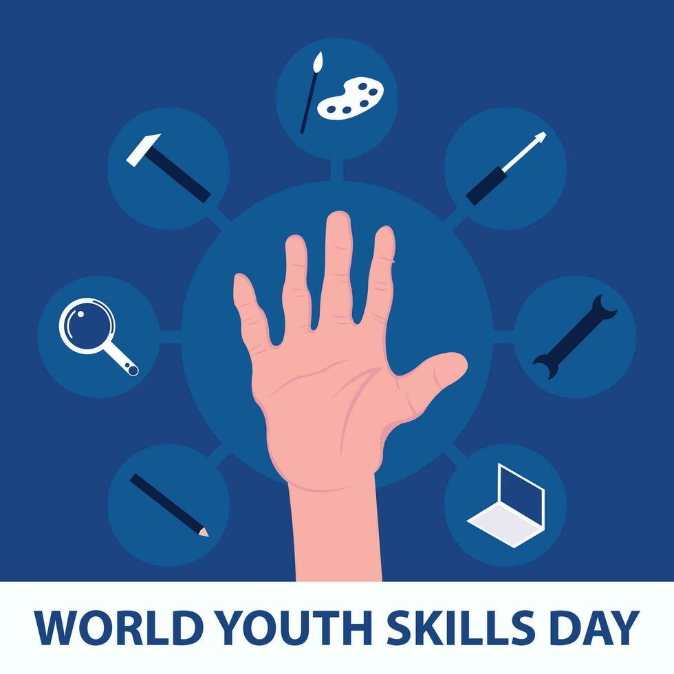 ilustración vector gráfico de un palma rodeado por varios herramientas con diferente funciones, Perfecto para internacional día, mundo juventud habilidades día, celebrar, saludo tarjeta, etc.