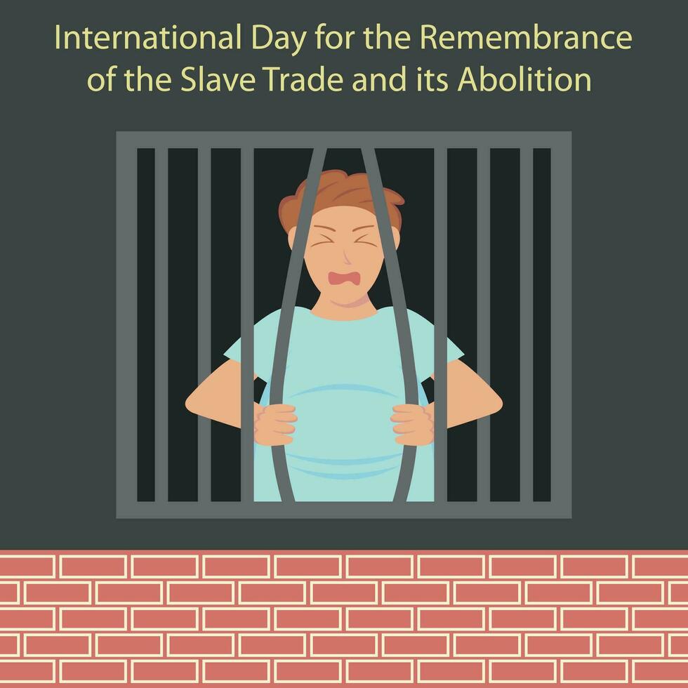 illustration vector graphic of a man is trying to free himself from prison iron bars, perfect for international day, remembrance, slave and trade its abolition, celebrate, greeting card, etc.