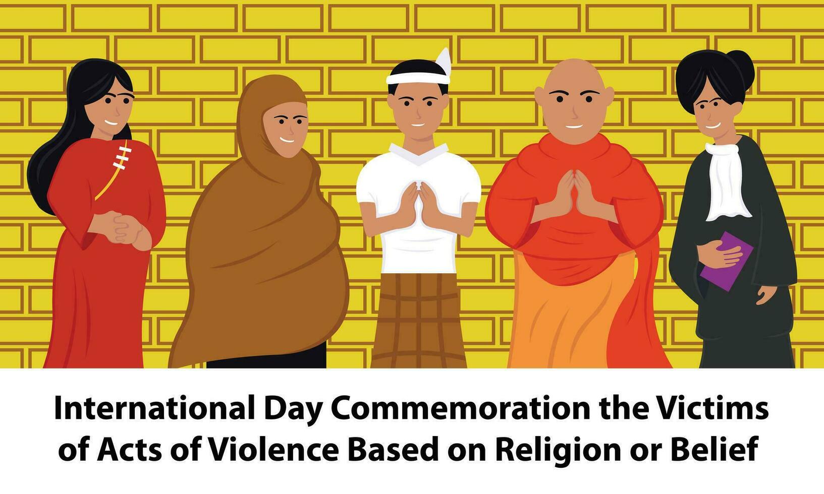 illustration vector graphic of five people with different religion standing side by side together, perfect for international day, commemoration the victims, acts, violence based, religion or belief.