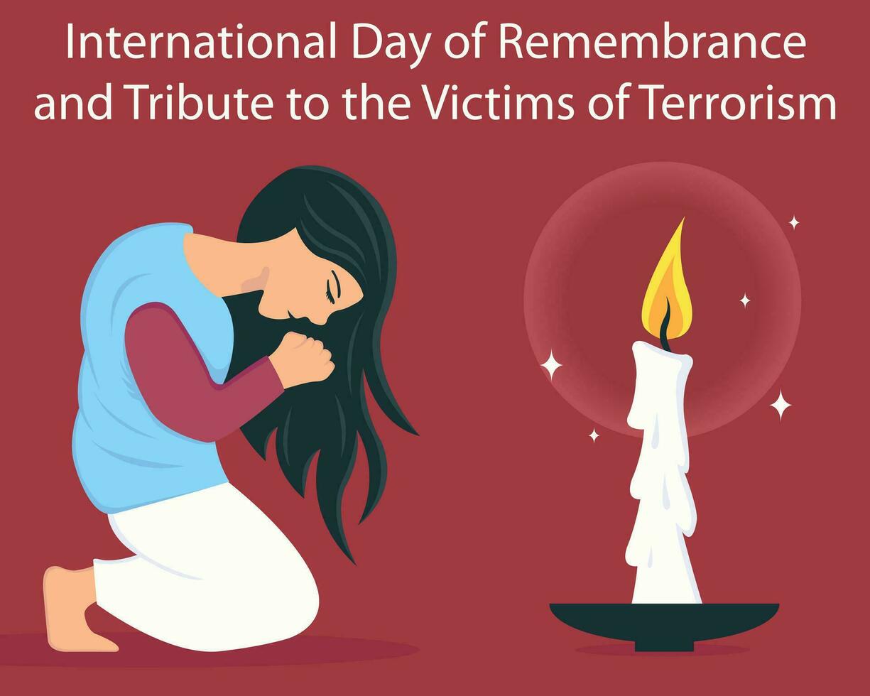 illustration vector graphic of a woman is praying in front of a candle, perfect for international day, remembrance and tribute, te victims of terrorism, celebrate, greeting card, etc.