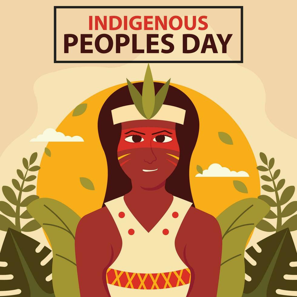 illustration vector graphic of a woman wearing her tribe's traditional clothes, featuring a green leaf background, perfect for international day, indigenous peoples day, celebrate, greeting card, etc.