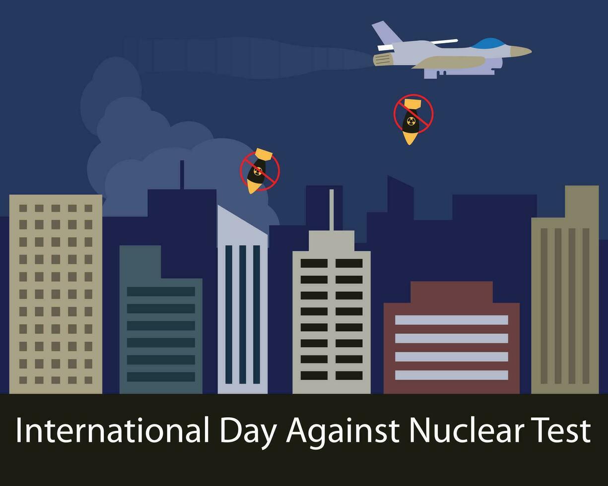 illustration vector graphic of a fighter plane dropped a nuclear bomb in the middle of the city, perfect for international day, international day against nuclear test, celebrate, greeting card, etc.