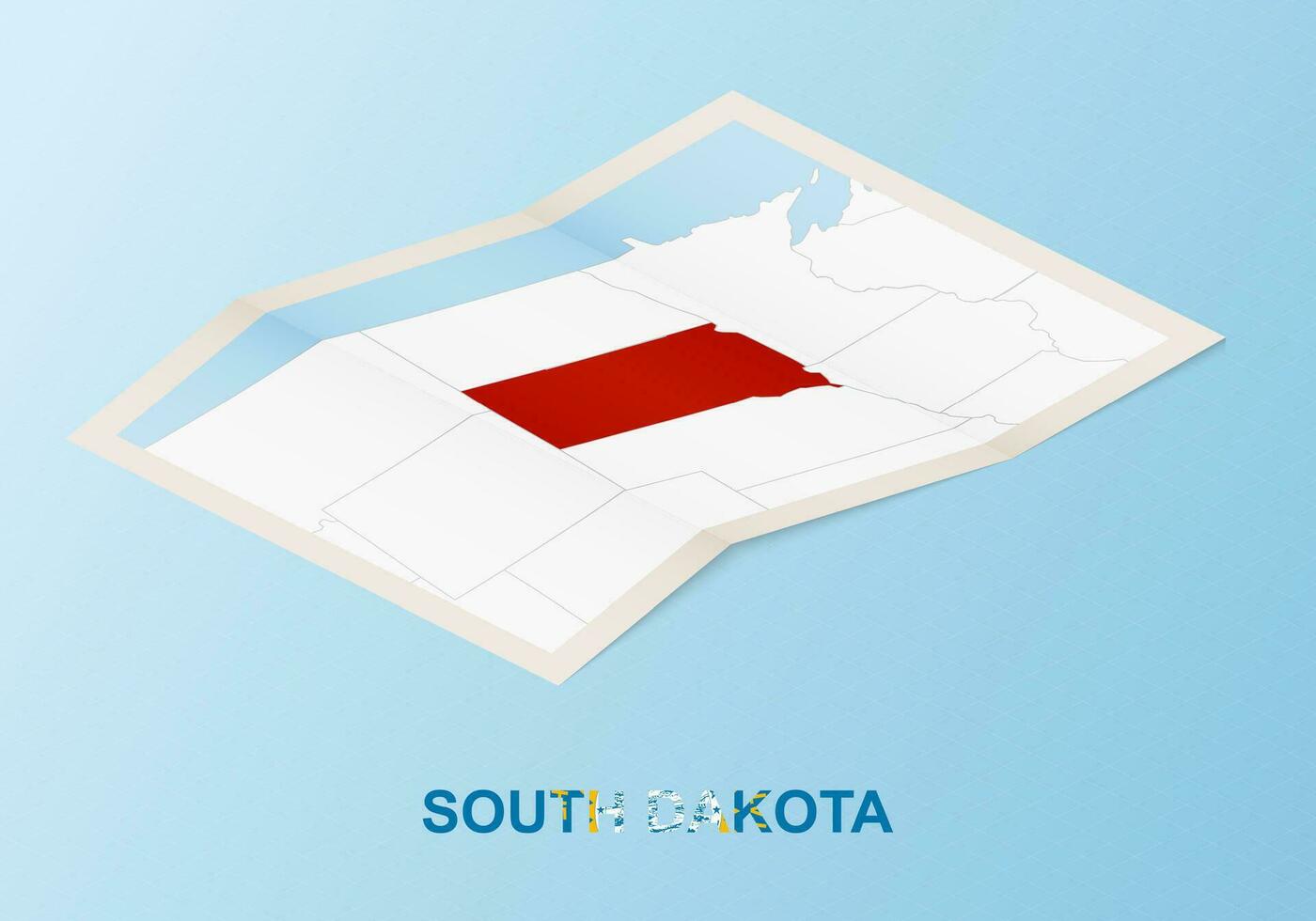 Folded paper map of South Dakota with neighboring countries in isometric style. vector