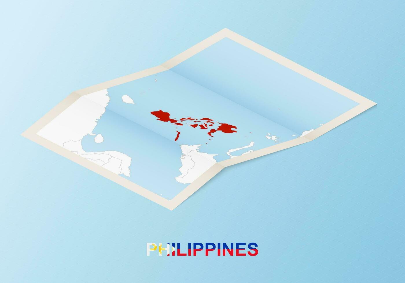 Folded paper map of Philippines with neighboring countries in isometric style. vector
