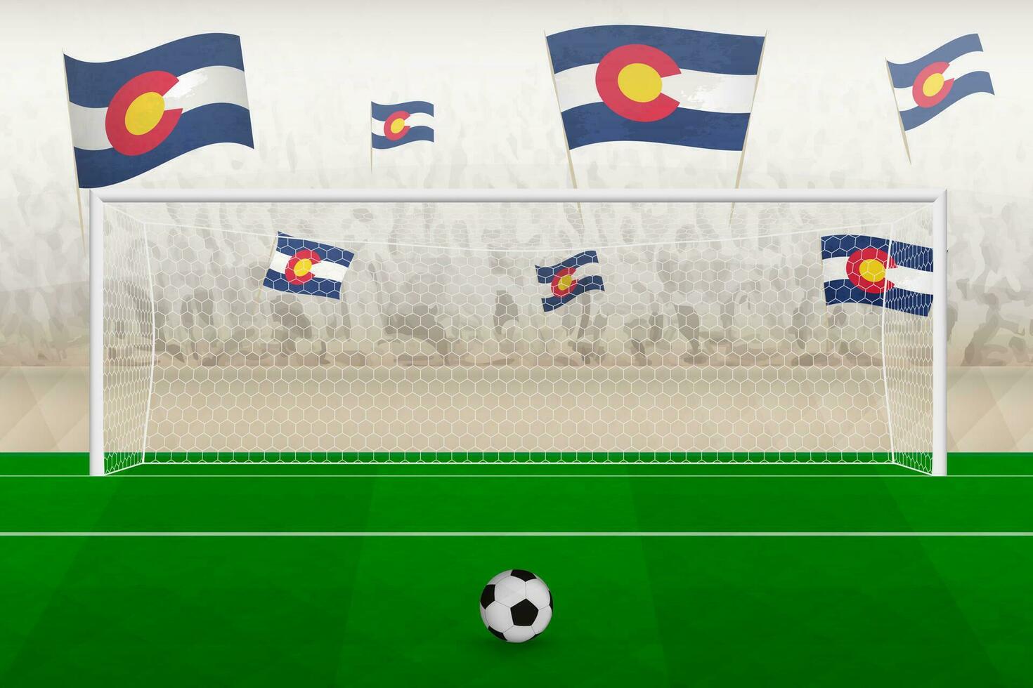 Colorado football team fans with flags of Colorado cheering on stadium, penalty kick concept in a soccer match. vector
