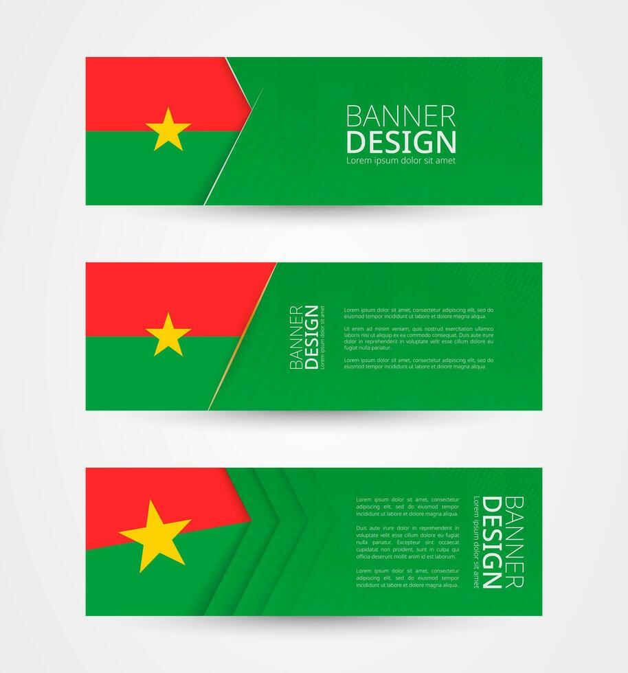 conjunto de Tres horizontal pancartas con bandera de burkina Faso. web bandera diseño modelo en color de burkina faso bandera. vector
