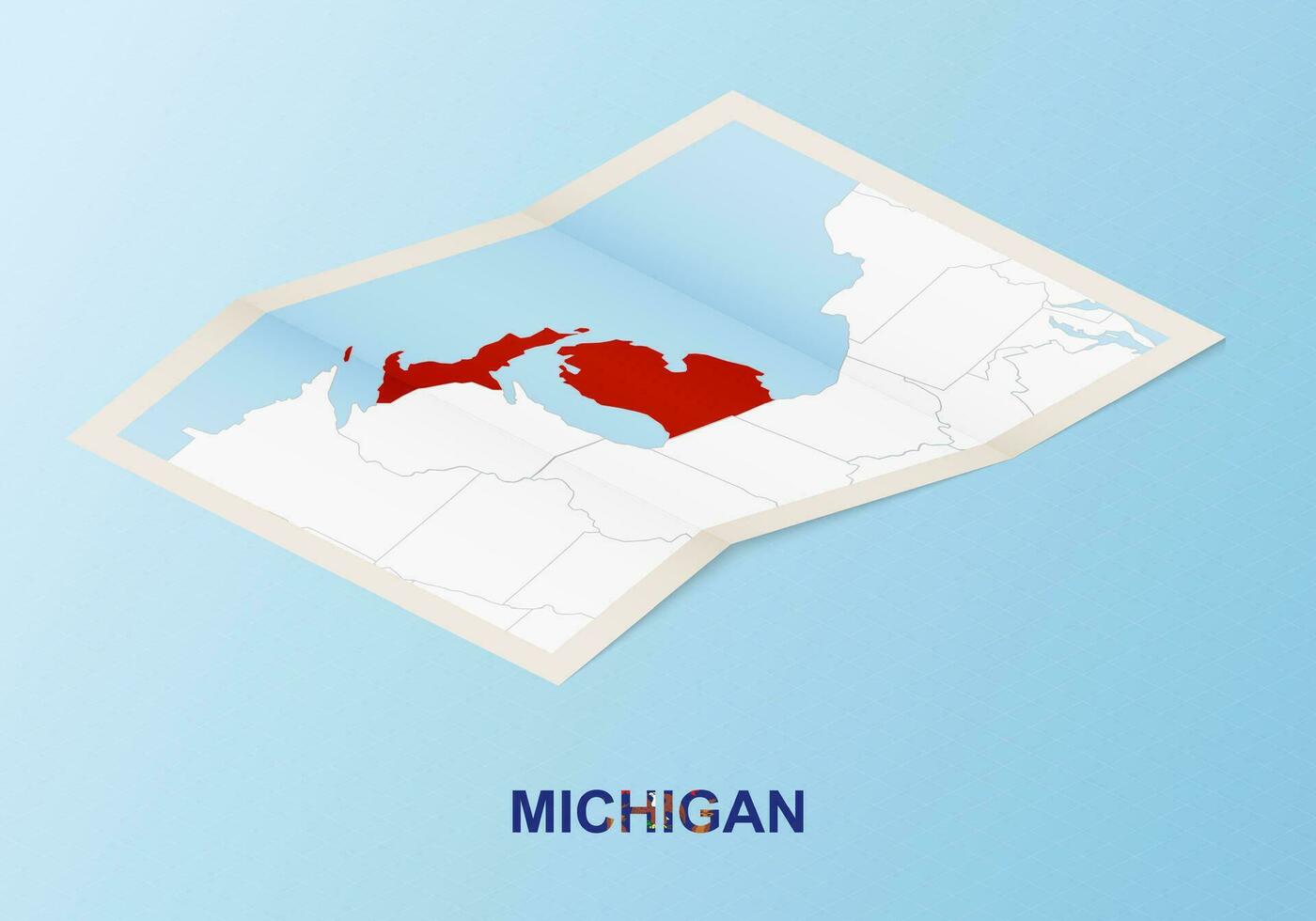 doblada papel mapa de Michigan con vecino países en isométrica estilo. vector