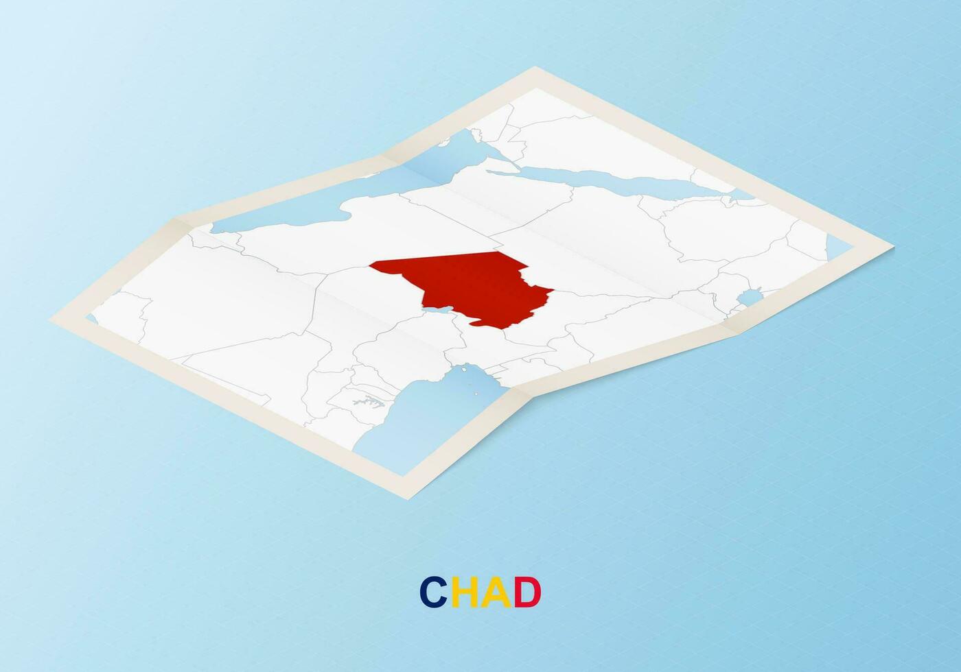Folded paper map of Chad with neighboring countries in isometric style. vector