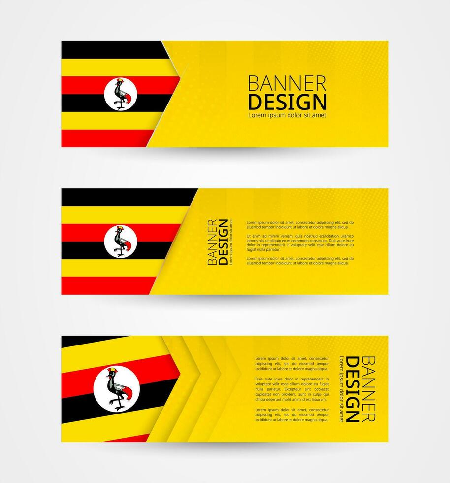 Set of three horizontal banners with flag of Uganda. Web banner design template in color of Uganda flag. vector