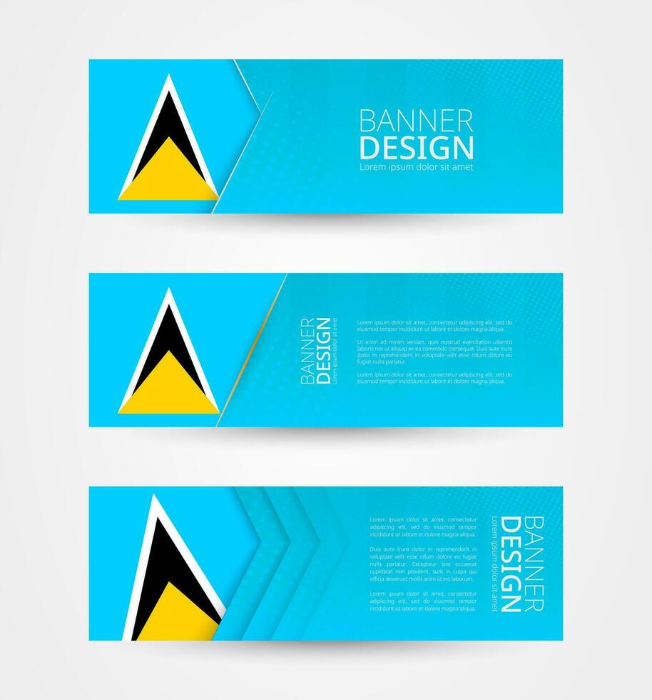 Set of three horizontal banners with flag of Saint Lucia. Web banner design template in color of Saint Lucia flag. vector