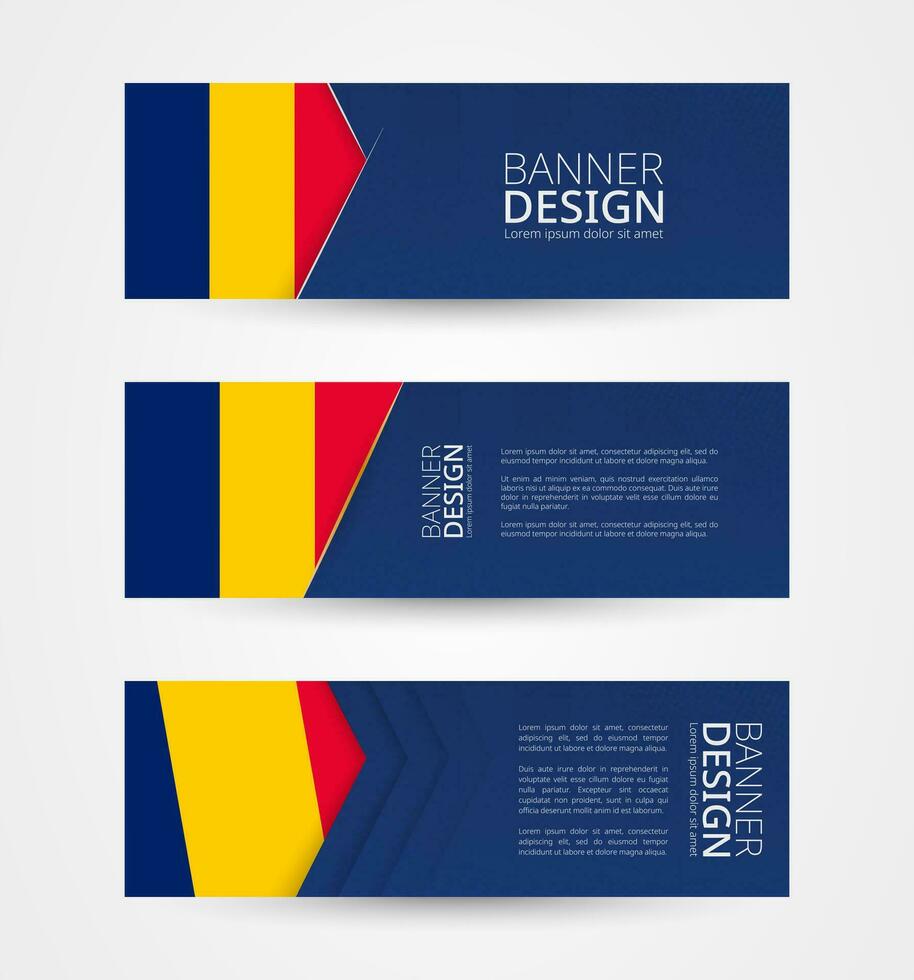 Set of three horizontal banners with flag of Chad. Web banner design template in color of Chad flag. vector