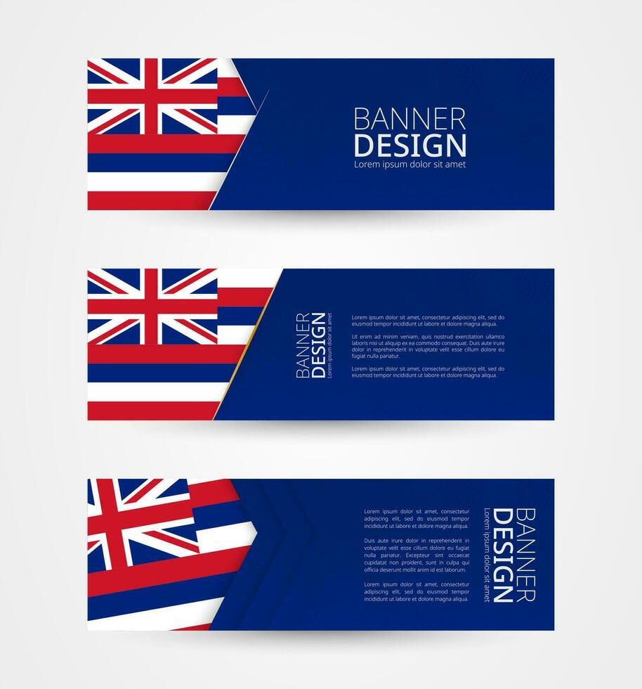 Set of three horizontal banners with US state flag of Hawaii. Web banner design template in color of Hawaii flag. vector