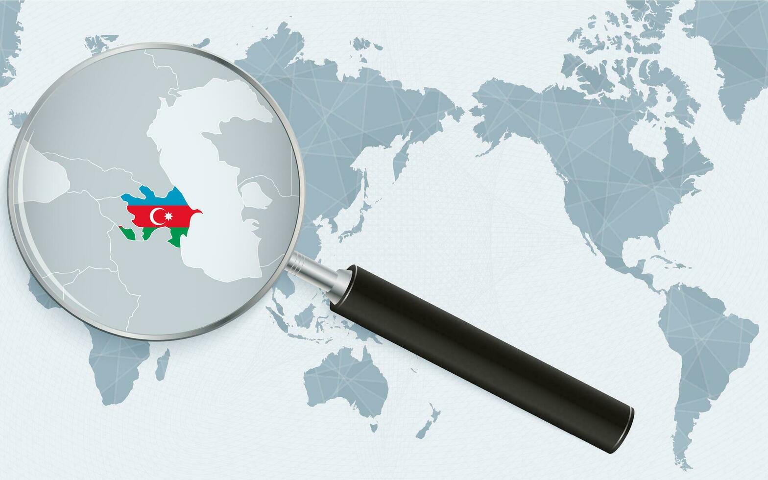 Asia centered world map with magnified glass on Azerbaijan. Focus on map of Azerbaijan on Pacific-centric World Map. vector