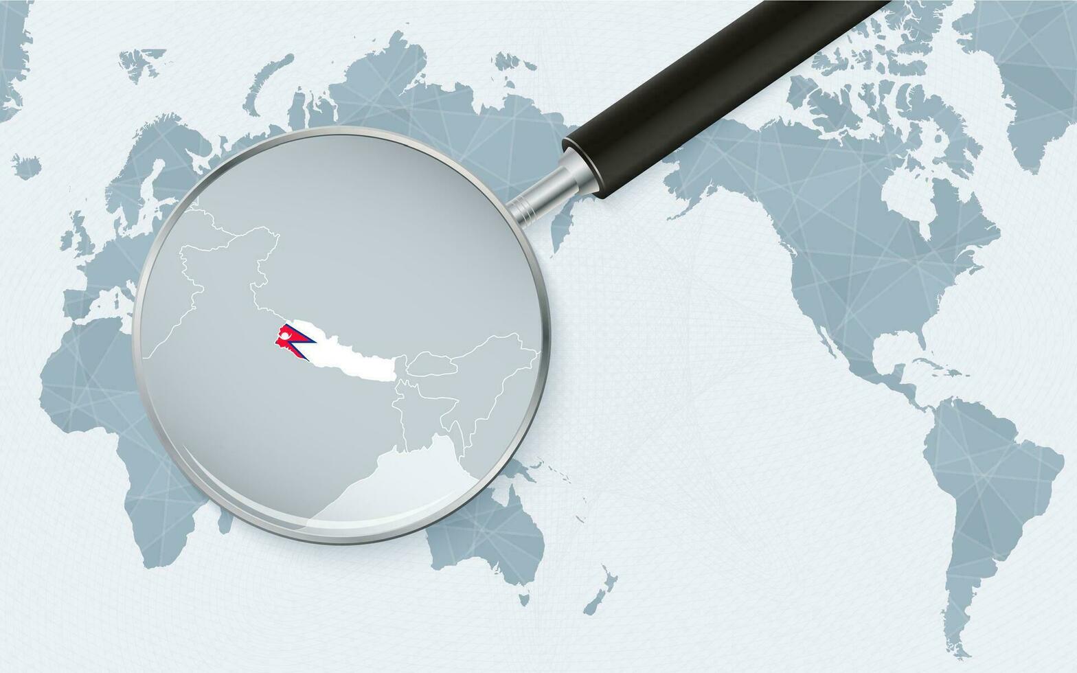 Asia centered world map with magnified glass on Nepal. Focus on map of Nepal on Pacific-centric World Map. vector