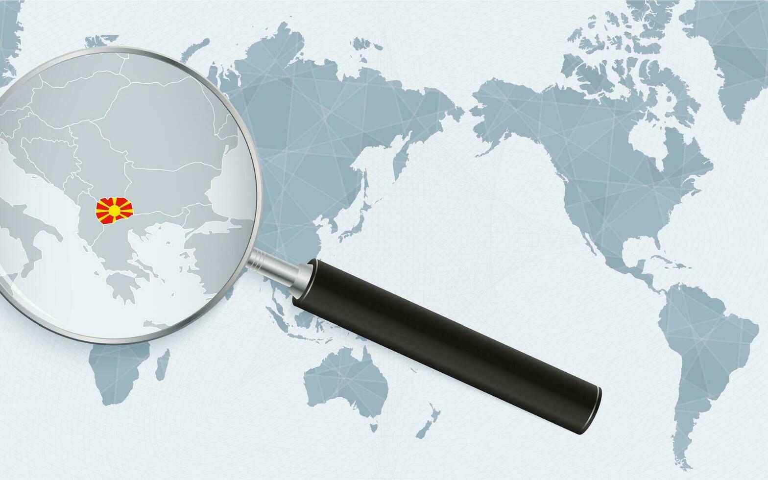 Asia centered world map with magnified glass on Macedonia. Focus on map of Macedonia on Pacific-centric World Map. vector