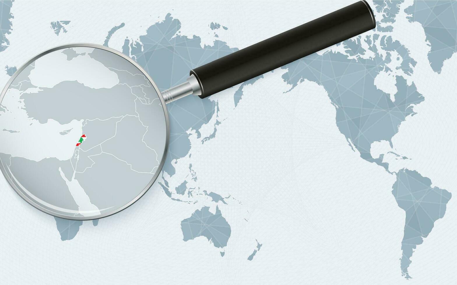 Asia centered world map with magnified glass on Lebanon. Focus on map of Lebanon on Pacific-centric World Map. vector