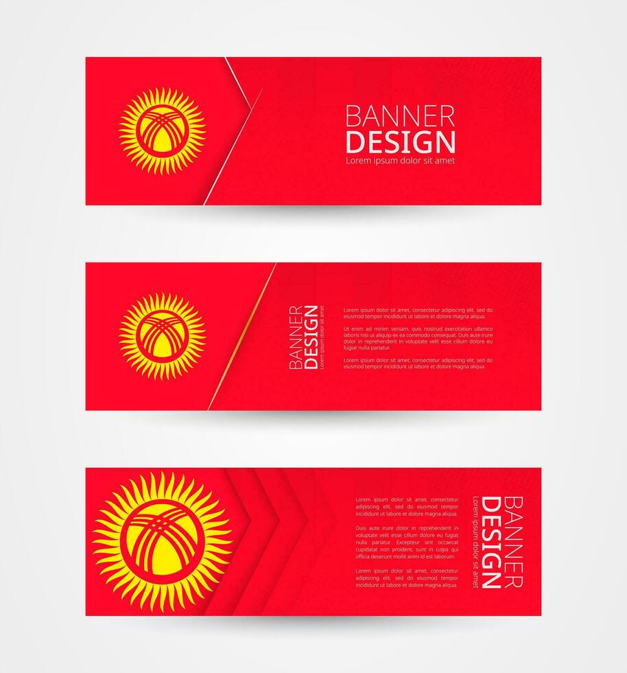 conjunto de Tres horizontal pancartas con bandera de Kirguistán. web bandera diseño modelo en color de Kirguistán bandera. vector