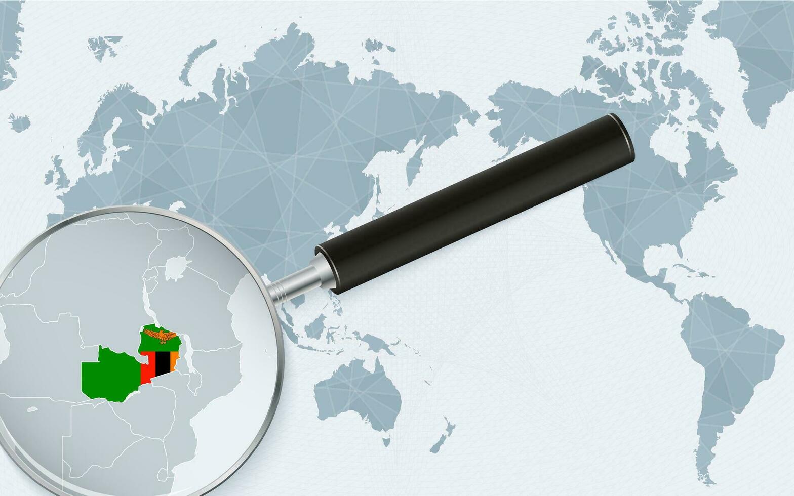 Asia centered world map with magnified glass on Zambia. Focus on map of Zambia on Pacific-centric World Map. vector