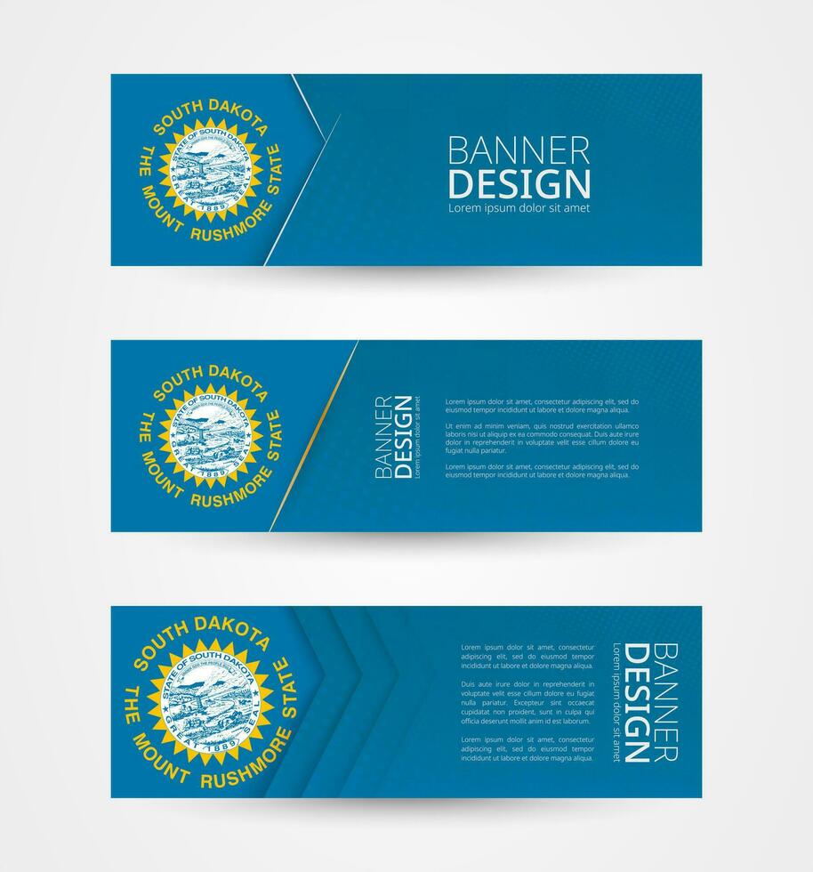 Set of three horizontal banners with US state flag of South Dakota. Web banner design template in color of South Dakota flag. vector