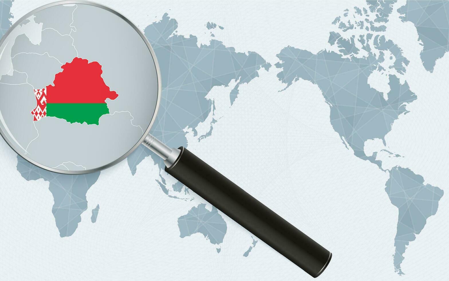 Asia centrado mundo mapa con magnificado vaso en bielorrusia atención en mapa de bielorrusia en centrado en el pacífico mundo mapa. vector