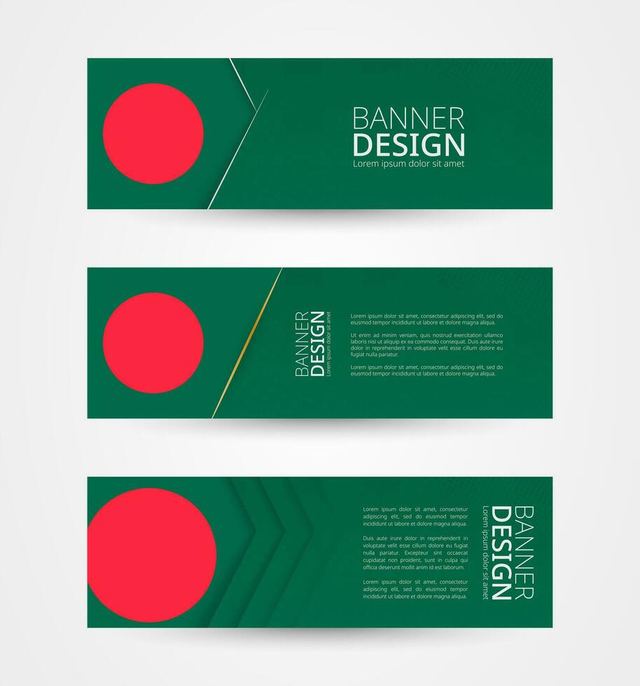Set of three horizontal banners with flag of Bangladesh. Web banner design template in color of Bangladesh flag. vector