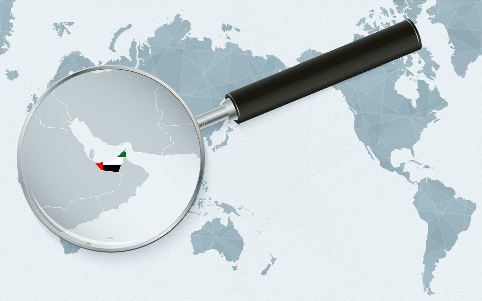 Asia centered world map with magnified glass on United Arab Emirates. Focus on map of United Arab Emirates on Pacific-centric World Map. vector