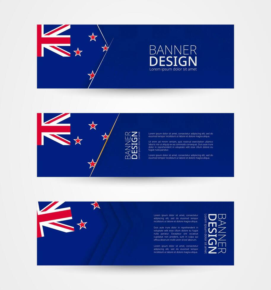 Set of three horizontal banners with flag of New Zealand. Web banner design template in color of New Zealand flag. vector