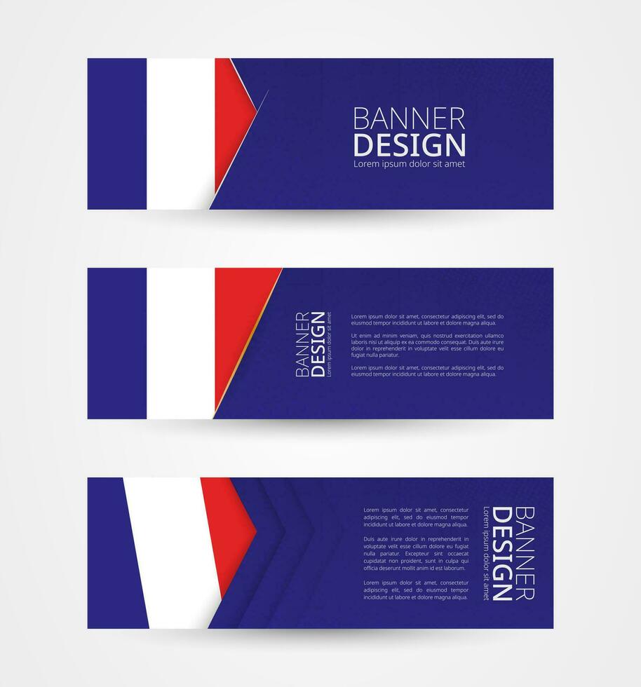 Set of three horizontal banners with flag of France. Web banner design template in color of France flag. vector