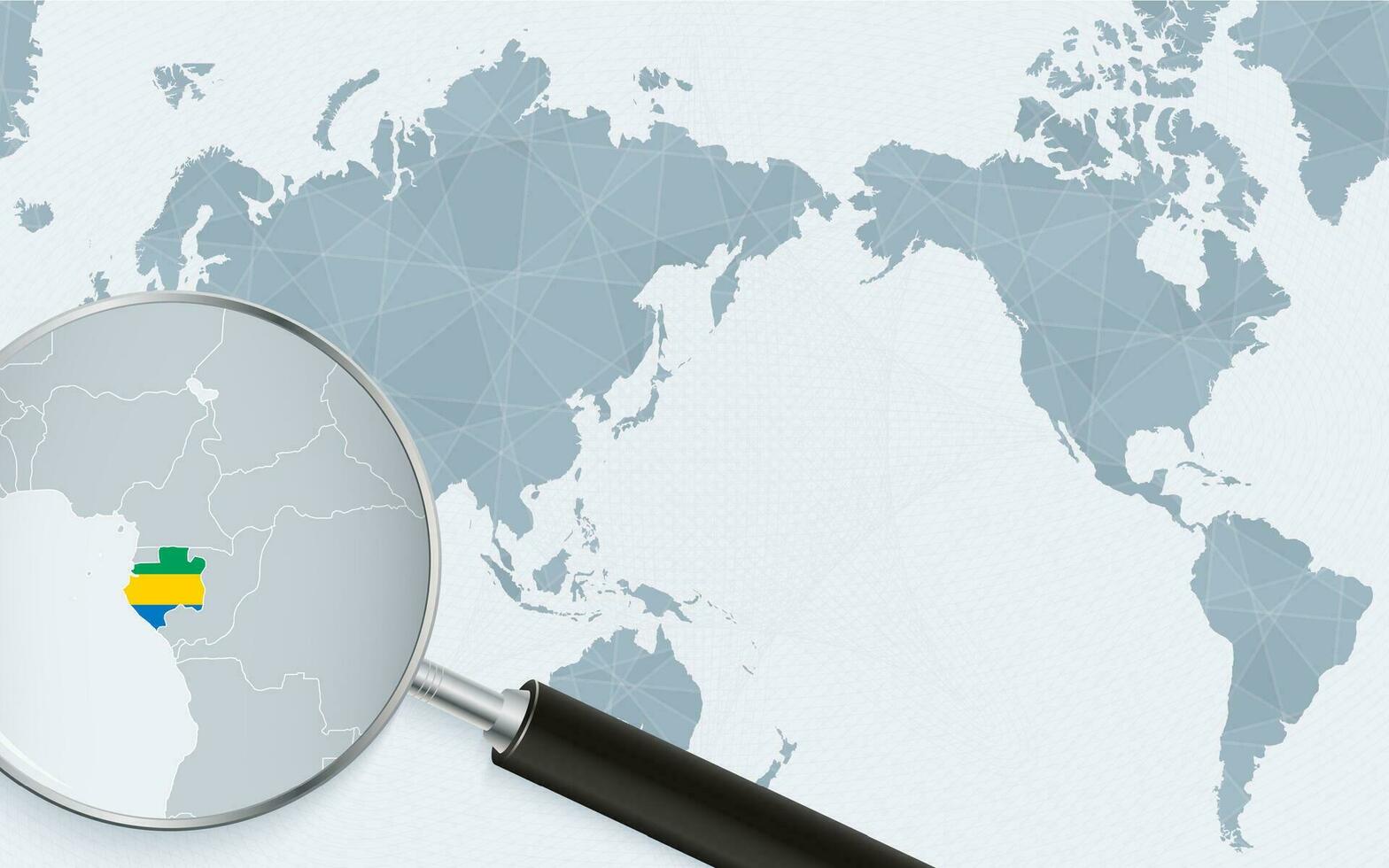 Asia centered world map with magnified glass on Gabon. Focus on map of Gabon on Pacific-centric World Map. vector