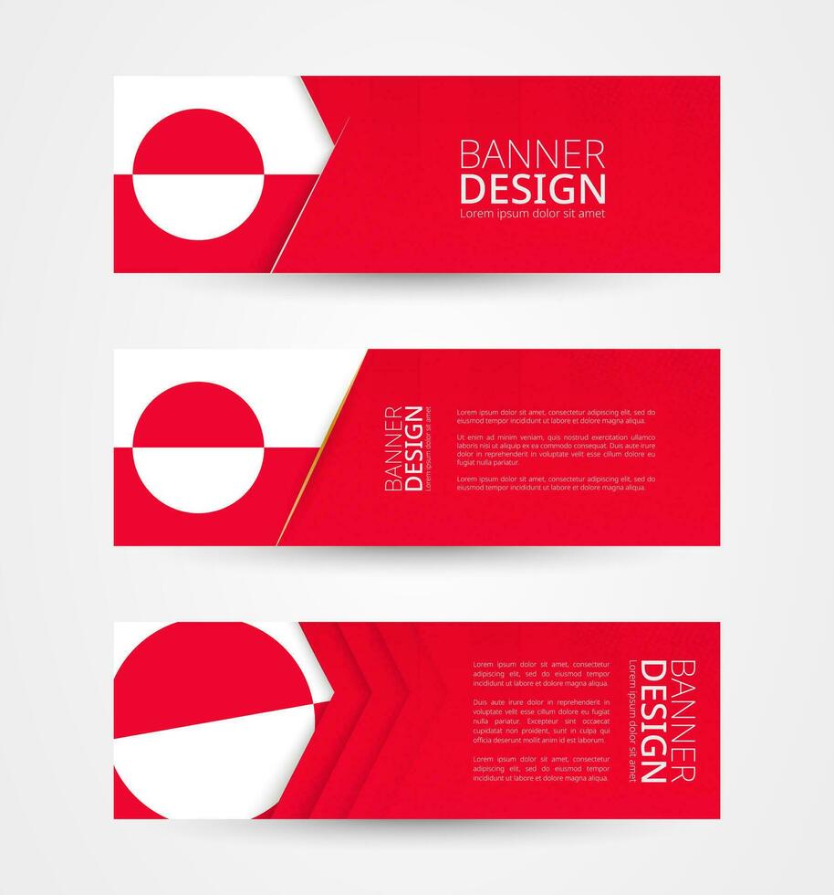 Set of three horizontal banners with flag of Greenland. Web banner design template in color of Greenland flag. vector