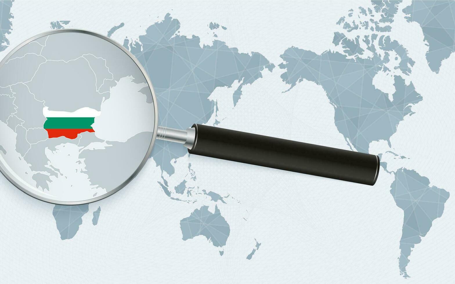 Asia centered world map with magnified glass on Bulgaria. Focus on map of Bulgaria on Pacific-centric World Map. vector