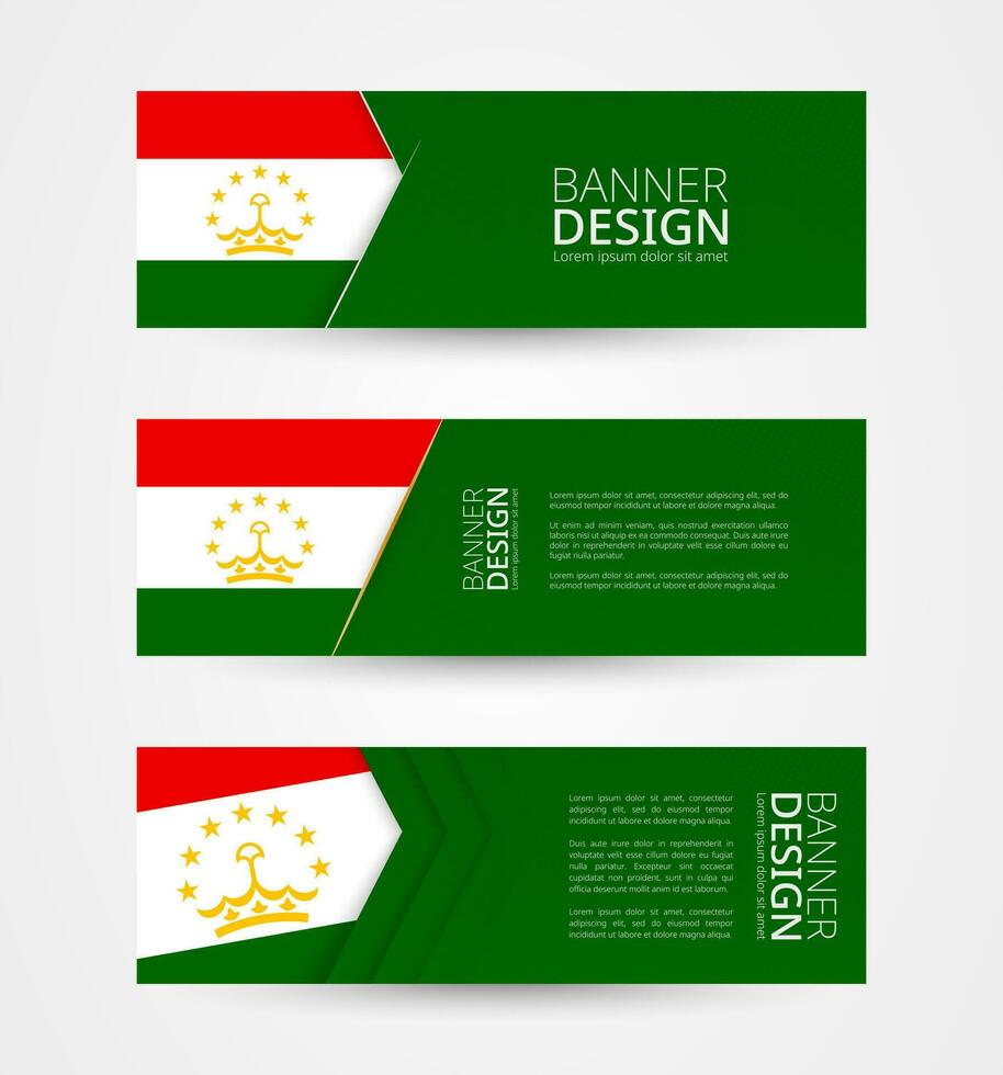 conjunto de Tres horizontal pancartas con bandera de tayikistán web bandera diseño modelo en color de Tayikistán bandera. vector