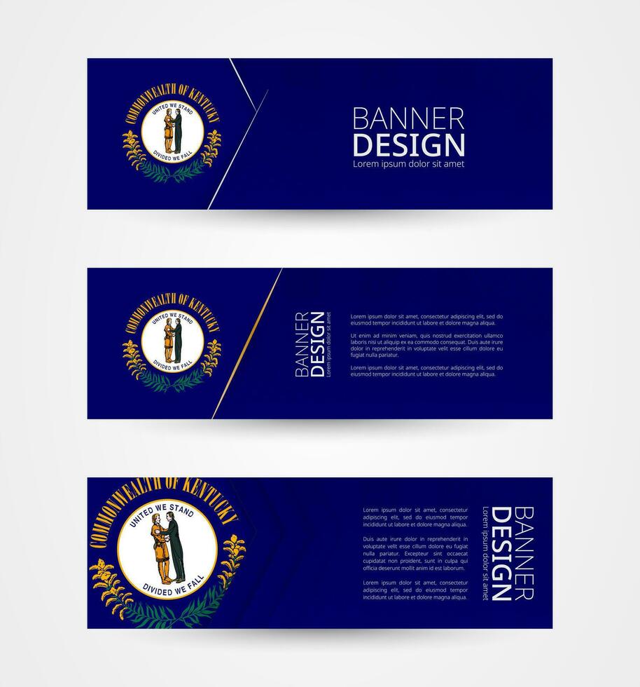 Set of three horizontal banners with US state flag of Kentucky. Web banner design template in color of Kentucky flag. vector