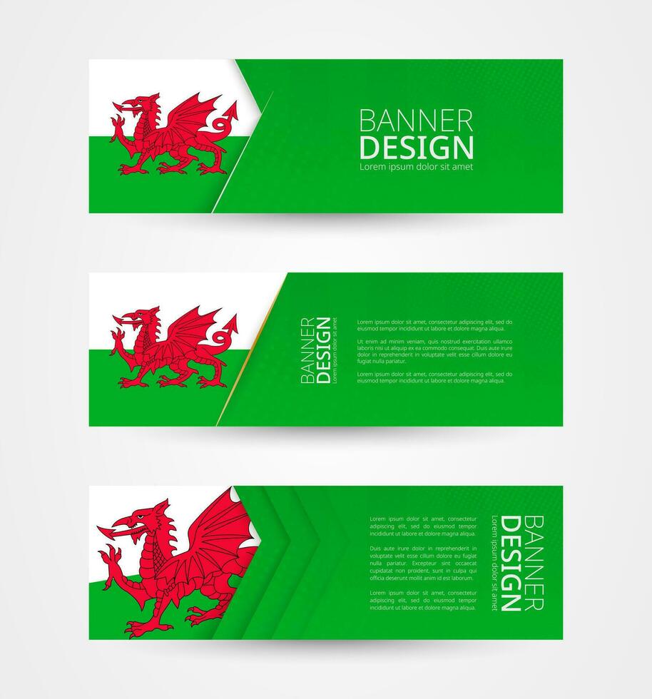 Set of three horizontal banners with flag of Wales. Web banner design template in color of Wales flag. vector