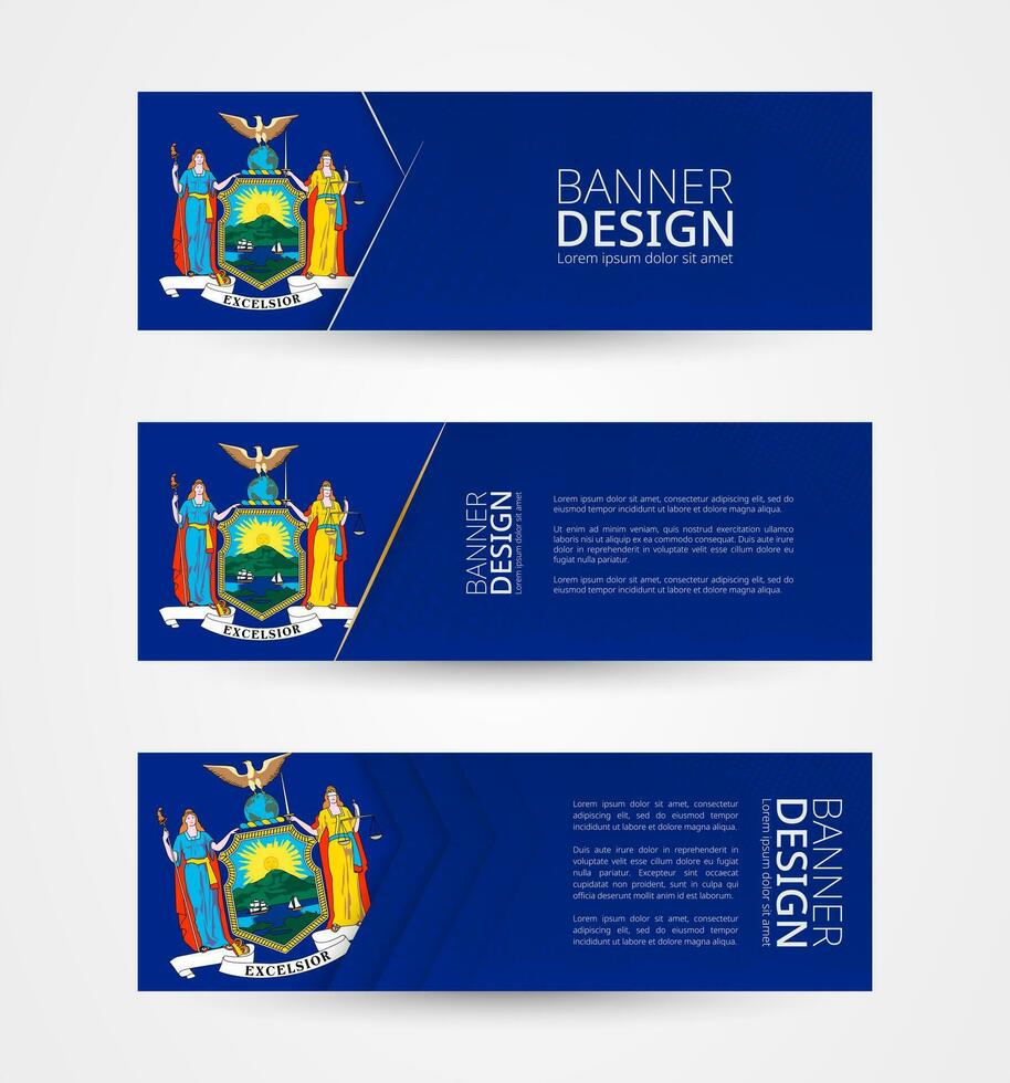 Set of three horizontal banners with US state flag of New York. Web banner design template in color of New York flag. vector