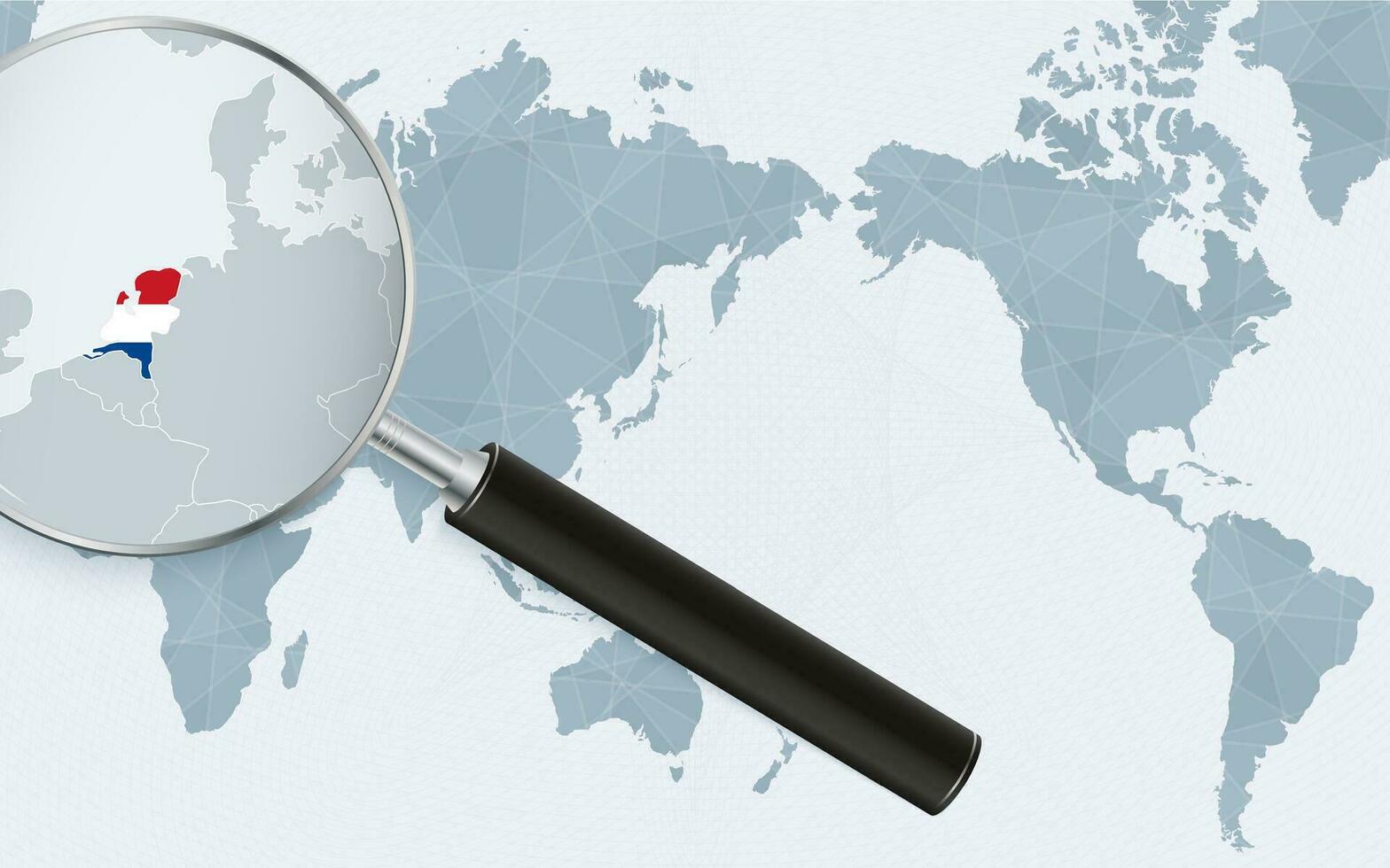 Asia centered world map with magnified glass on Netherlands. Focus on map of Netherlands on Pacific-centric World Map. vector