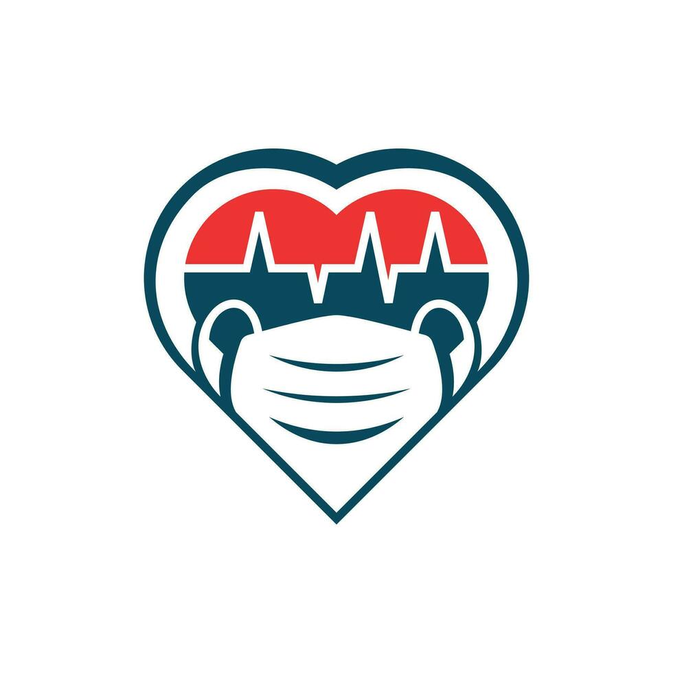 amor máscara latido del corazón vector logo plantilla, rojo corazón enamorado usa un médico mascarilla.