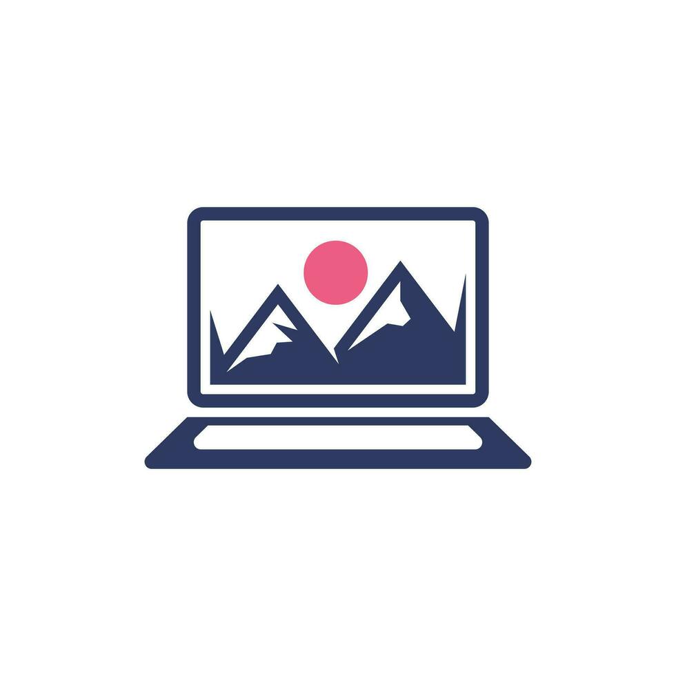 Laptop Mountain Logo Icon Design Template, monitor laptop with mountain vector