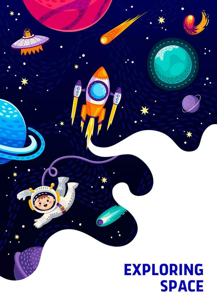 Space poster, cartoon astronaut in outer space vector