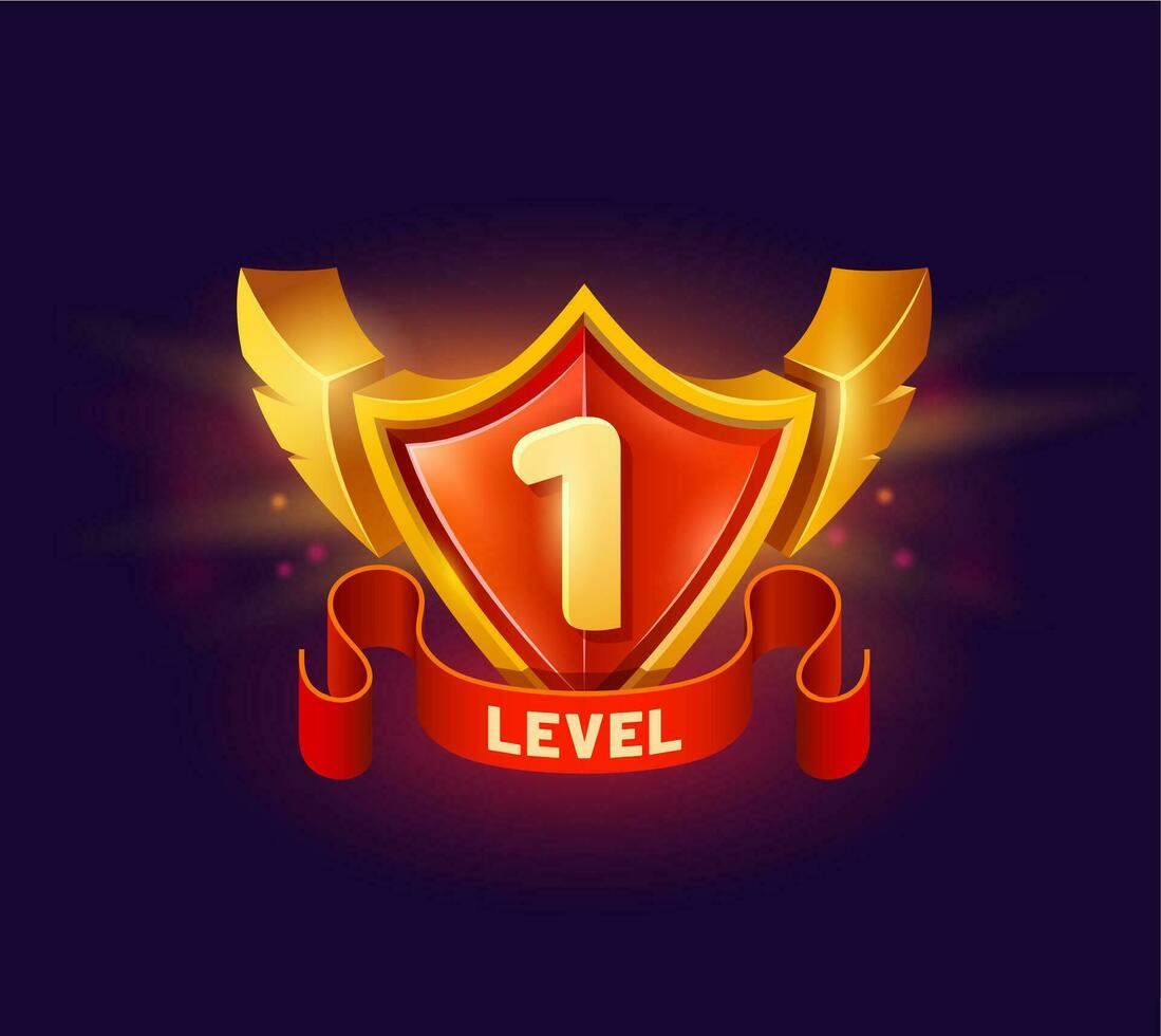 Game level up shield badge, win icon, bonus award vector