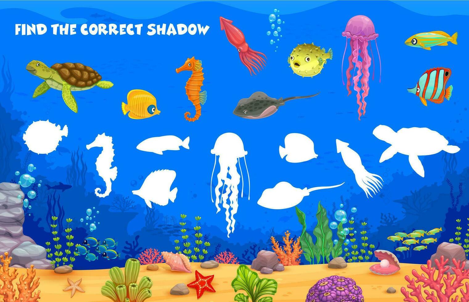 encontrar correcto sombra dibujos animados mar submarino animales vector